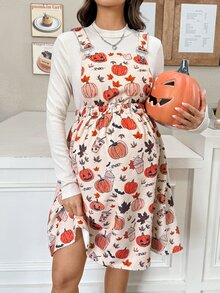 SHEIN Thanksgiving Maternity Solid Color Long Sleeve T-Shirt Pumpkin Print Strap Dress Casual Cute 2 Pieces Set Autumn Formal Photoshoot White Beige - Black - View 2