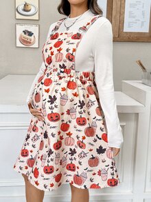 SHEIN Thanksgiving Maternity Solid Color Long Sleeve T-Shirt Pumpkin Print Strap Dress Casual Cute 2 Pieces Set Autumn Formal Photoshoot White Beige - Black - View 8