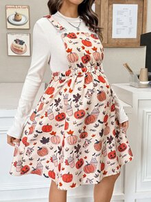 SHEIN Thanksgiving Maternity Solid Color Long Sleeve T-Shirt Pumpkin Print Strap Dress Casual Cute 2 Pieces Set Autumn Formal Photoshoot White Beige - Black - View 5