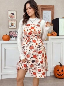 SHEIN Thanksgiving Maternity Solid Color Long Sleeve T-Shirt Pumpkin Print Strap Dress Casual Cute 2 Pieces Set Autumn Formal Photoshoot White Beige - Black - View 3