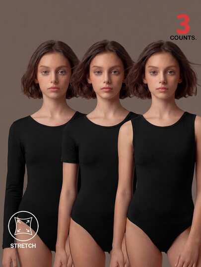 SHEIN Tween Girls' Ballet Leotard 3 Pieces Set,All Black Summer Basic Dancewear,Long/Short/Sleeveless Styles High-Stretch Silky Slim-Fit For Dance, Gym Club