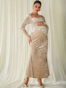 MaterniChic Gaun Hamil Elegan, Pas Badan, Lengan Panjang Warna Khaki, Menampilkan Garis Leher Persegi dan Detail Pinggang Samping Berkerut; Cocok untuk Musim Gugur dan Musim Dingin. - Khaki - View 6