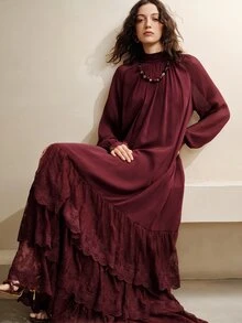Arave Women's Small Stand Collar Chiffon Woven Multi-Layer Ruffle Design Loose Fit Elegant Date Long Dress - Burgundy - View 2