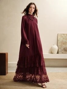 Arave Women's Small Stand Collar Chiffon Woven Multi-Layer Ruffle Design Loose Fit Elegant Date Long Dress - Burgundy - View 5