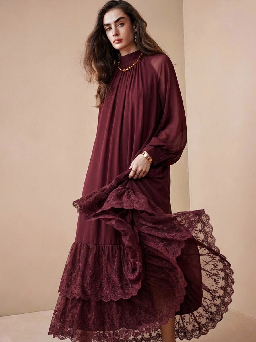 Arave Women's Small Stand Collar Chiffon Woven Multi-Layer Ruffle Design Loose Fit Elegant Date Long Dress - Burgundy - View 1