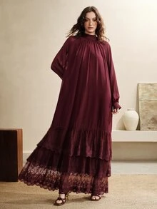 Arave Women's Small Stand Collar Chiffon Woven Multi-Layer Ruffle Design Loose Fit Elegant Date Long Dress - Burgundy - View 3