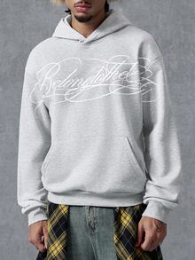 PAVTROS Men's Letter Print Long Sleeve Pocket Hooded Sweatshirt - Grey - View 2
