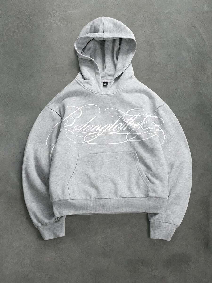 PAVTROS Men's Letter Print Long Sleeve Pocket Hooded Sweatshirt - Grey - View 1