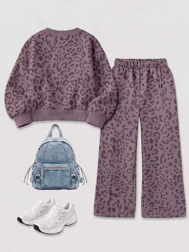 Purple Tone, Fashionable Leopard Print Sporty Colorblock Letter NYC Graphic, Young Girl Casual Soft Comfortable Loose Crew Neck Pullover Sweatshirt & Wide Leg Pants Sporty Set, Suitable For Autumn/Winter Daily, Streetwear, New Style, Chic Girl, Campus Chic Back To School - Multicolor - View 2
