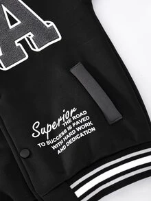 SHEIN 男童秋季保暖內裡長袖連帽夾克，黑灰拼色連帽抓絨棒球夾克，LA字母印花搭配多款美式標語印花，寬鬆落肩版型，幼兒上學旅行復古風兒童夾克，校園夾克，戶外夾克 - 黑色 - 查看 5