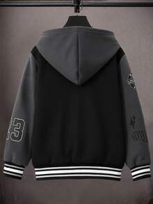 SHEIN 男童秋季保暖內裡長袖連帽夾克，黑灰拼色連帽抓絨棒球夾克，LA字母印花搭配多款美式標語印花，寬鬆落肩版型，幼兒上學旅行復古風兒童夾克，校園夾克，戶外夾克 - 黑色 - 查看 2