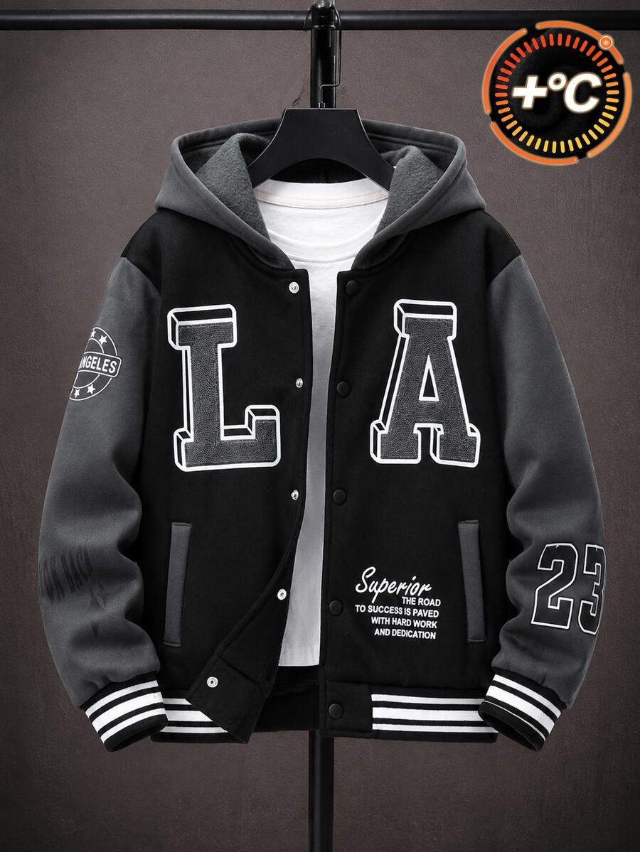 SHEIN 男童秋季保暖內裡長袖連帽夾克,黑灰拼色連帽抓絨棒球夾克,LA字母印花搭配多款美式標語印花,寬鬆落肩版型,幼兒上學旅行復古風兒童夾克,校園夾克,戶外夾克 - 黑色 - 查看 1