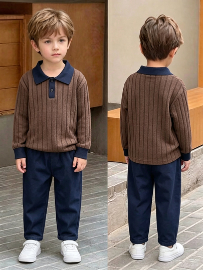 Conjunto de Camisa Polo y Pantalones para Niños Pequeños con Cuello Contrastante y Cintura Elástica Acanalada, Atuendo Casual para Escuela, Vacaciones y Uso Diario en Primavera, Otoño e Invierno