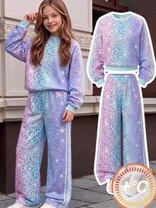 SHEIN 青少年女孩新款時尚印花圓領長袖上衣寬腿褲兩件套，秋冬校園學生淺藍色運動可愛風 - 彩色 - 查看 5