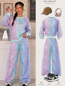 SHEIN 青少年女孩新款時尚印花圓領長袖上衣寬腿褲兩件套，秋冬校園學生淺藍色運動可愛風 - 彩色 - 查看 4