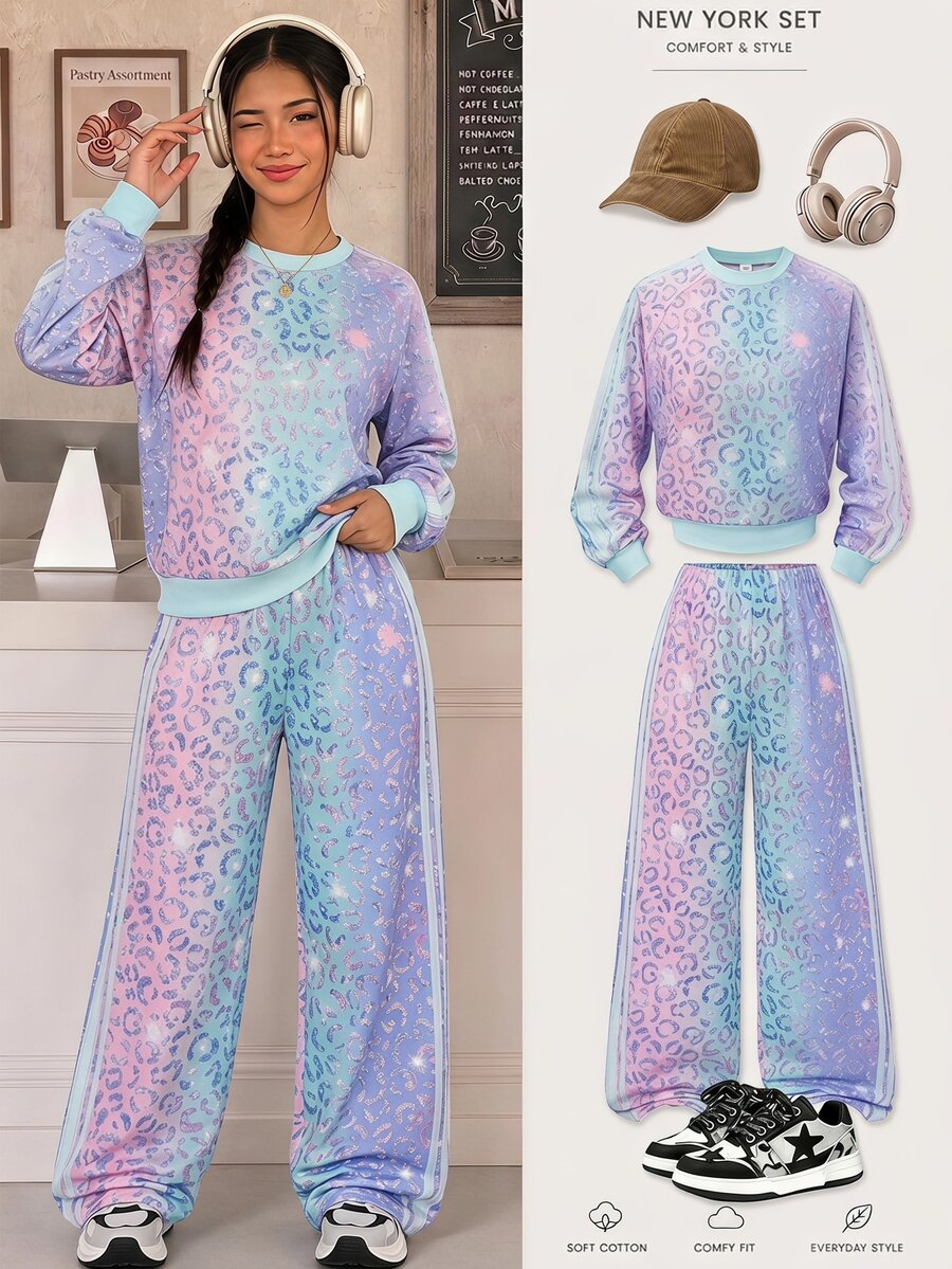 SHEIN Tween Girls New Fashion Print Crew Neck Long Sleeve Top Wide Leg Pants 2 Pieces Set, Autumn/Winter School Student Light Blue Athletic Cute - Multicolor - View 1