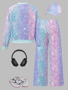 SHEIN 青少年女孩新款時尚印花圓領長袖上衣寬腿褲兩件套，秋冬校園學生淺藍色運動可愛風 - 彩色 - 查看 3