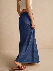 Poéselle 女士休闲抽绳腰A字牛仔裙 - 藍色 - 查看 2