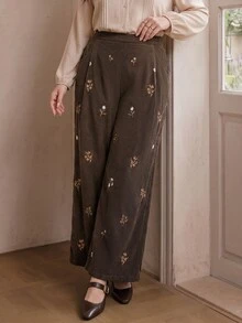 Modelyn Plus Size Vintage Fashion Embroidered Pocket Pants For Vacation And Travel - Coffee Brown - View 8