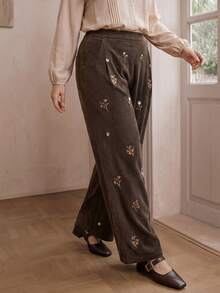 Modelyn Plus Size Vintage Fashion Embroidered Pocket Pants For Vacation And Travel - Coffee Brown - View 7