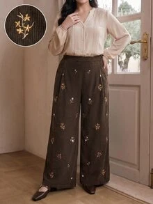 Modelyn Plus Size Vintage Fashion Embroidered Pocket Pants For Vacation And Travel - Coffee Brown - View 5