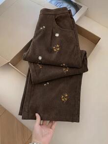 Modelyn Plus Size Vintage Fashion Embroidered Pocket Pants For Vacation And Travel - Coffee Brown - View 1