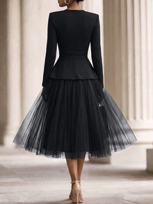 SHEIN New Elegant Black Round Neck Long Sleeve Ruffle Mesh Patchwork Flared Midi Dress For Women - Black - View 3