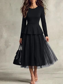 SHEIN New Elegant Black Round Neck Long Sleeve Ruffle Mesh Patchwork Flared Midi Dress For Women - Black - View 6