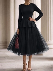 SHEIN New Elegant Black Round Neck Long Sleeve Ruffle Mesh Patchwork Flared Midi Dress For Women - Black - View 5