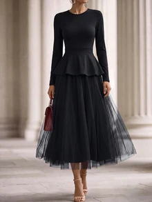 SHEIN New Elegant Black Round Neck Long Sleeve Ruffle Mesh Patchwork Flared Midi Dress For Women - Black - View 4