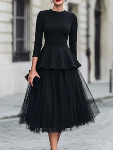 SHEIN New Elegant Black Round Neck Long Sleeve Ruffle Mesh Patchwork Flared Midi Dress For Women - Black - View 2