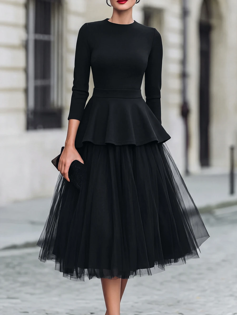 SHEIN New Elegant Black Round Neck Long Sleeve Ruffle Mesh Patchwork Flared Midi Dress For Women