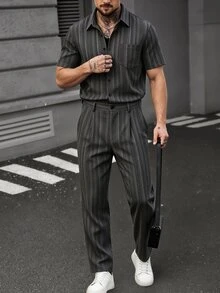 Manfinity Roughcore Men's Striped Button-Down Shirt & Straight Leg Trousers 2pcs Set, Vintage Urban Casual Outfit, Dark Grey Slightly Loose Fit Daily Commute - Dark Grey - View 5