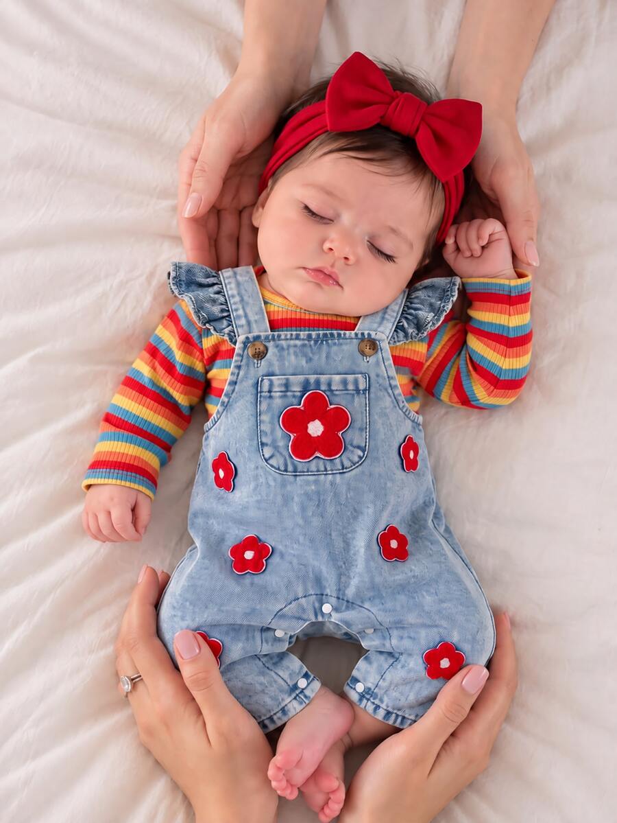 SHEIN 2件組幼兒女嬰上衣吊帶褲套裝,可愛甜美彩虹條紋荷葉邊花朵貼布長袖圓領常規款,生日秋季節日套裝 - 紅色 - 查看 1