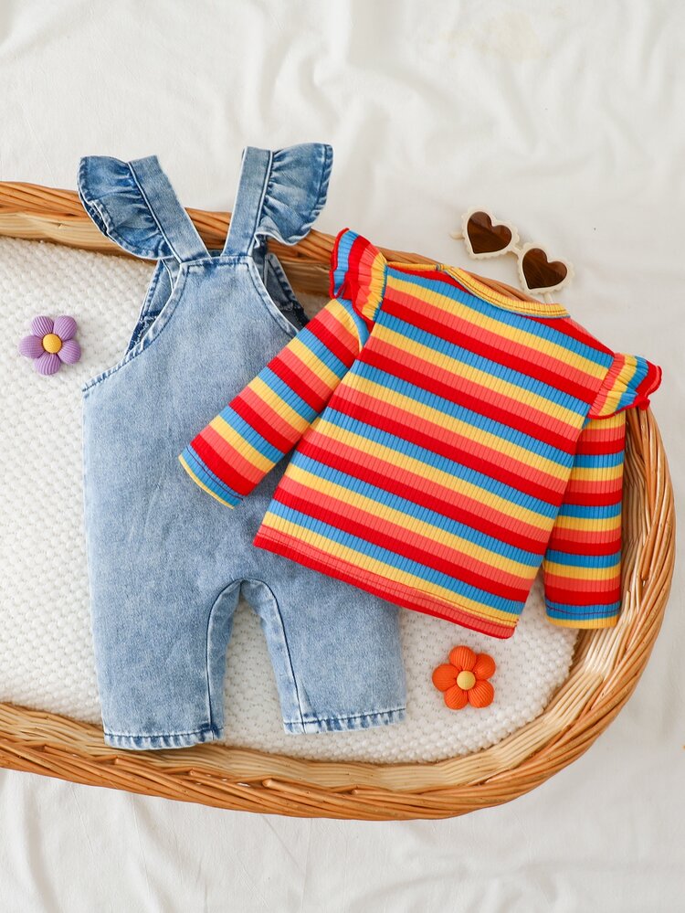 SHEIN 2pcs Toddler Baby Girl Top Overalls Cute Sweet Rainbow Striped Ruffle Flower Patch Long Sleeve Round Neck Regular Birthday Fall Holiday Set - Red - View 2