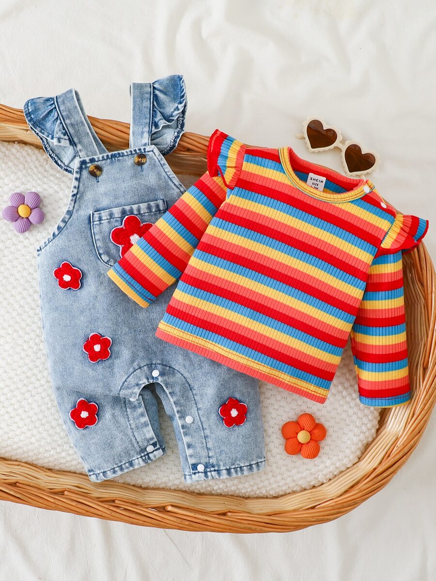 SHEIN 2pcs Toddler Baby Girl Top Overalls Cute Sweet Rainbow Striped Ruffle Flower Patch Long Sleeve Round Neck Regular Birthday Fall Holiday Set - Red - View 1