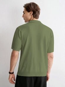 RONVEXI 歐美新博主風時尚設計成熟休閒通勤男士針織羅紋套頭上衣，老錢風 - 軍綠色 - 查看 2
