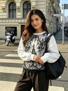 Anewsta Women's Lace Patchwork Casual Daily Long Sleeve Sweatshirt - White - View 4