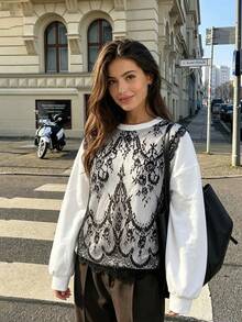 Anewsta Women's Lace Patchwork Casual Daily Long Sleeve Sweatshirt - White - View 8
