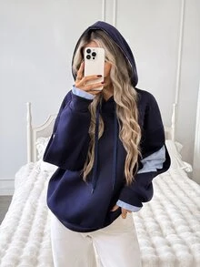 Easowa Women's Fall Winter Patchwork Navy Blue And White Drop Shoulder Long Sleeve Casual Hooded Sweatshirt Everyday School - Navy Blue - View 4