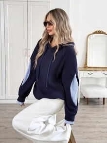 Easowa Women's Fall Winter Patchwork Navy Blue And White Drop Shoulder Long Sleeve Casual Hooded Sweatshirt Everyday School - Navy Blue - View 3