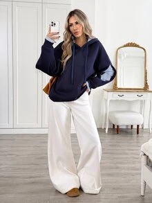 Easowa Women's Fall Winter Patchwork Navy Blue And White Drop Shoulder Long Sleeve Casual Hooded Sweatshirt Everyday School - Navy Blue - View 6