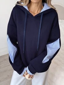 Easowa Women's Fall Winter Patchwork Navy Blue And White Drop Shoulder Long Sleeve Casual Hooded Sweatshirt Everyday School - Navy Blue - View 2