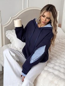 Easowa Women's Fall Winter Patchwork Navy Blue And White Drop Shoulder Long Sleeve Casual Hooded Sweatshirt Everyday School - Navy Blue - View 1