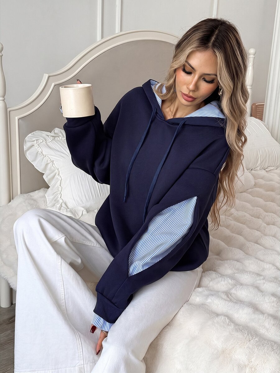 Easowa Women's Fall Winter Patchwork Navy Blue And White Drop Shoulder Long Sleeve Casual Hooded Sweatshirt Everyday School - Navy Blue - View 1