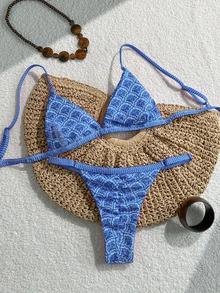 Swim Mod Set Baju Renang Wanita Musim Panas Pantai 2 Potong, Motif Acak, Bikini dengan Tali Bahu Tipis dan Bawahan Thong, Celana Capri untuk Liburan - Biru - View 5