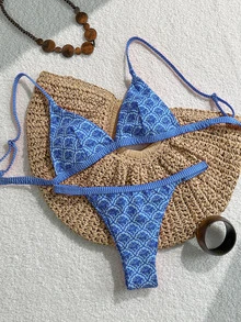 Swim Mod Set Baju Renang Wanita Musim Panas Pantai 2 Potong, Motif Acak, Bikini dengan Tali Bahu Tipis dan Bawahan Thong, Celana Capri untuk Liburan - Biru - View 4