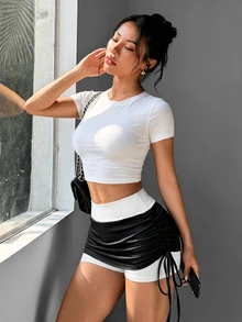 Slayform Women's Colorblock Tennis Skirt With Tummy Control, Side Drawstring Design, Built-In Shorts, Sexy Mesh Sports Skort - Black and White - View 5