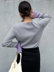 FRIFUL Women's Colorblock Casual Daily Wear Long Sleeve Sweater - Grey - View 2