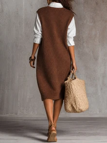 SHEIN Summer Solid Waffle Textured Knit Deep V Neck Sleeveless Split Hem Mid Length Tank Dress For Layerin Thanksgiving Dark Brown Casual Preppy Office - Brown - View 2
